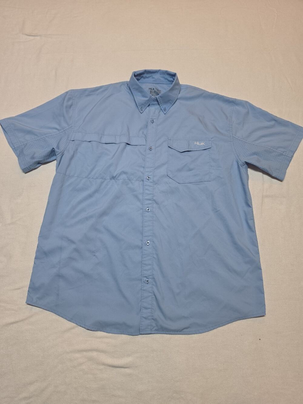 Huk Shirt Mens XXL Blue Short Sleeve Button Front Vented Fishing Performance